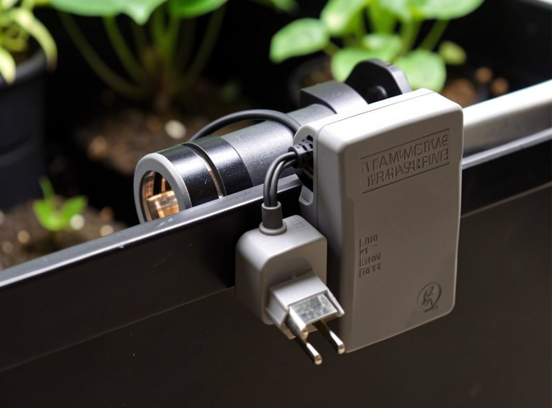 Submersible aquarium heater and external plug-in thermostat controller clipped to the rim of a dark hydroponic reservoir