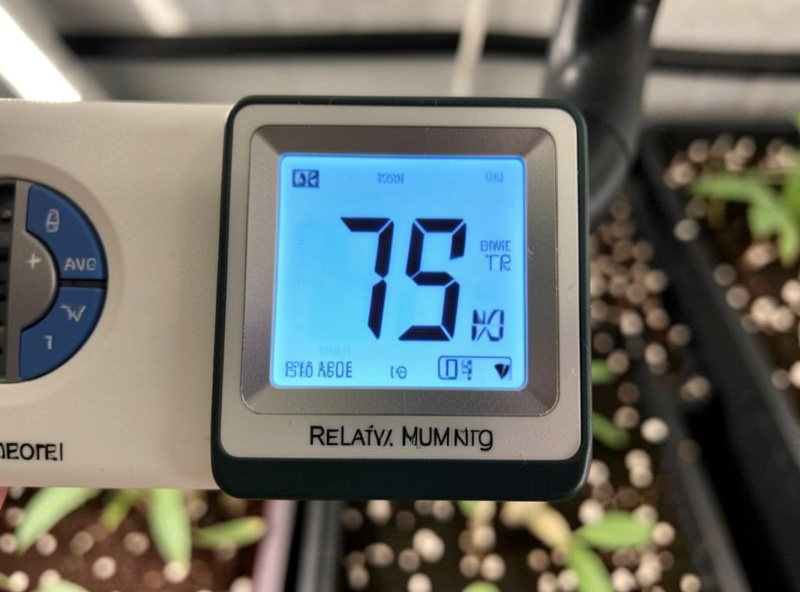 Digital hygrometer and thermometer displaying a low relative humidity percentage in a grow room