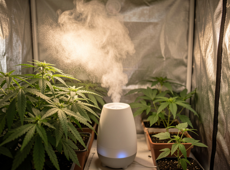 Small ultrasonic humidifier releasing fine mist near green leafy plants inside a grow tent