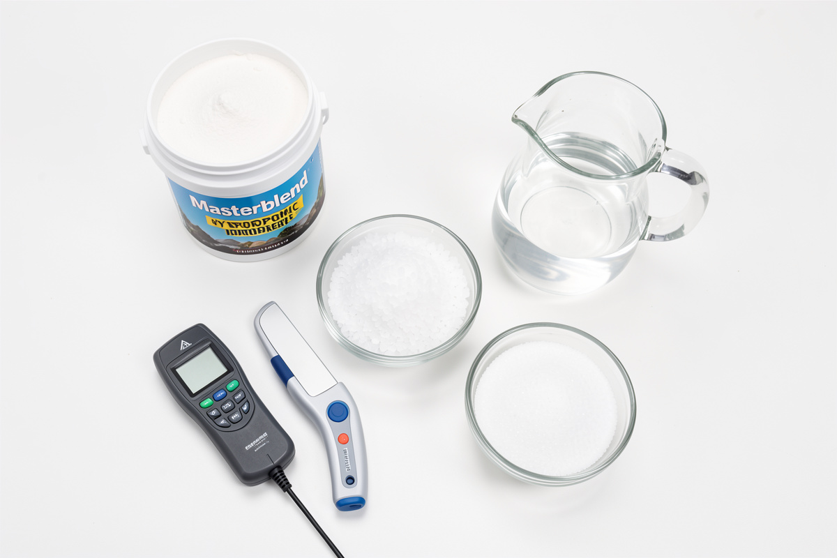 Masterblend powder, Epsom salt and calcium nitrate with EC and pH pens and a scale arranged on a white workbench