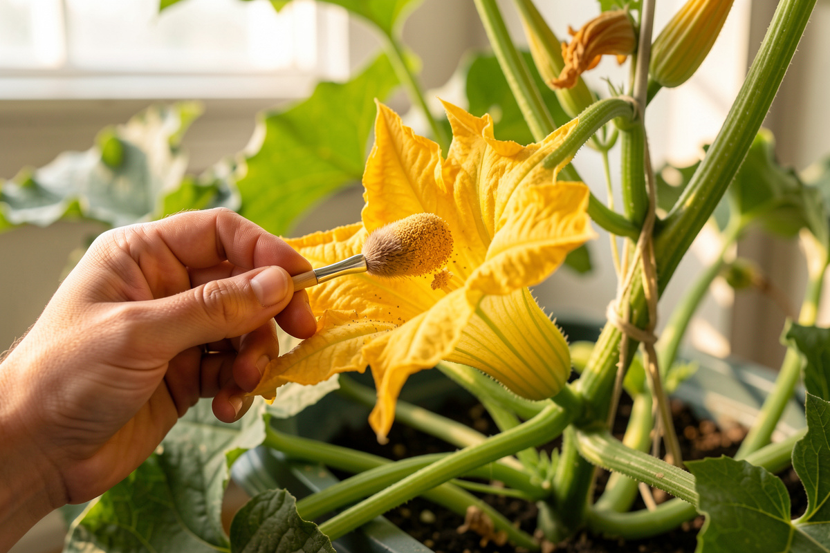 Grower's hand using a soft brush to transfer pollen inside a yellow squash flower on an indoor hydroponic vine
