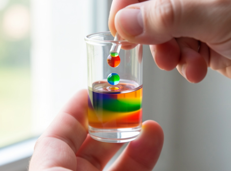pH indicator drops creating a color change in a small sample vial of water held up to a window