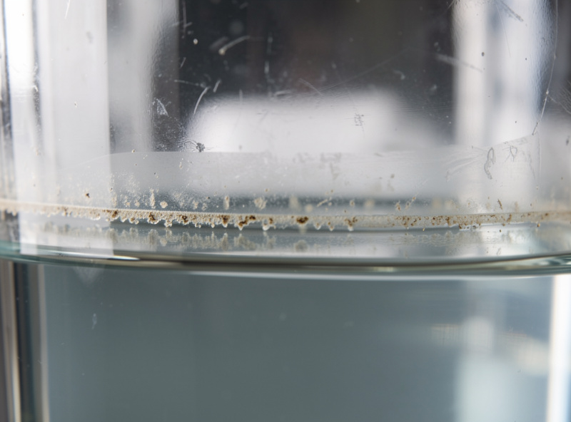 Inside wall of a glass reservoir showing a faint line of dried mineral scale at the old waterline with fresh water below