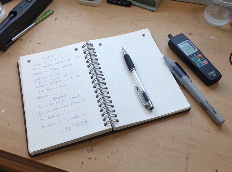 Open spiral notebook with a pen resting on it beside a pH pen and an EC pen on a workbench, handwritten entries illegible