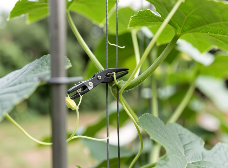Close-up of a plant clip attaching a cucumber vine to a vertical trellis string