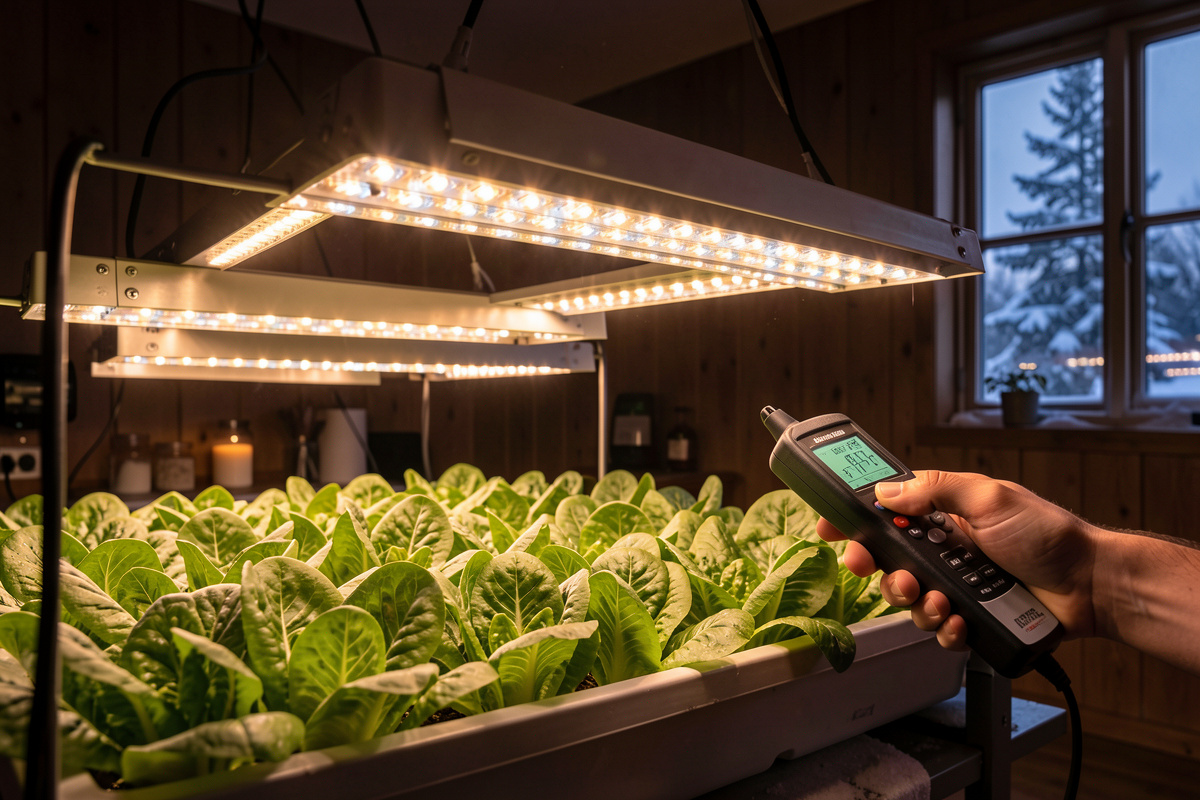 LED grow bars over lettuce in a dark winter room with a PAR meter at canopy height