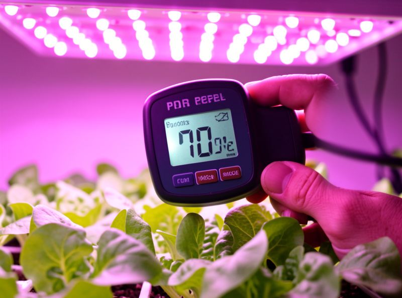 Handheld quantum PAR PPFD meter displaying a micromole reading above lettuce seedlings under LED grow light
